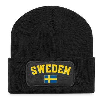 Retro Sport Typography Blau Gelb Fan Design - Recycelte Patch Beanie - Schwarz - Vorne