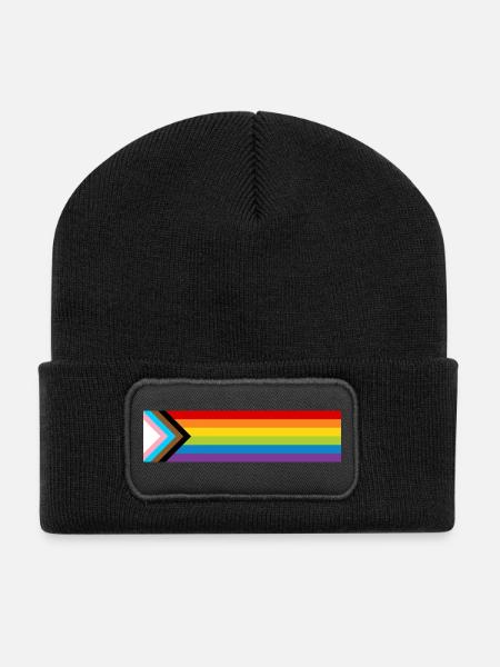 LGBTQ+ Pride Flag New Rainbow Progress Flag - Recycled Patch Beanie - black