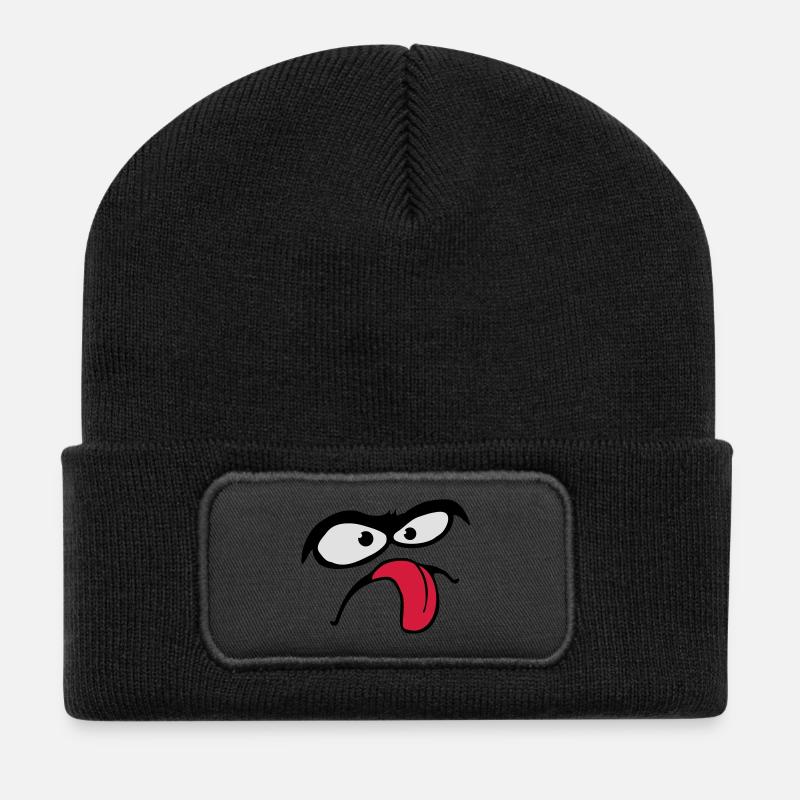 Dicke Augenbrauen Comic Gesicht Zunge Rausstrecken - Recycelte Patch Beanie - Schwarz