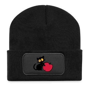 Chaton avec pomme - Beanie recyclé à patch - noir - Devant