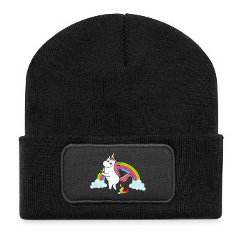 Kackendes Einhorn Regenbogen - Recycelte Patch Beanie - Schwarz - Vorne