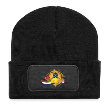 Windmühle mit Tulpen ,Clogs und holländischen Käse - Recycelte Patch Beanie - Schwarz - Vorne