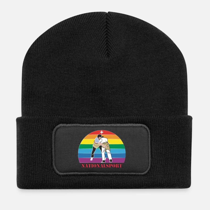 Schweizer Schwinger Schwingen im Vintage  Design - Recycelte Patch Beanie - Schwarz