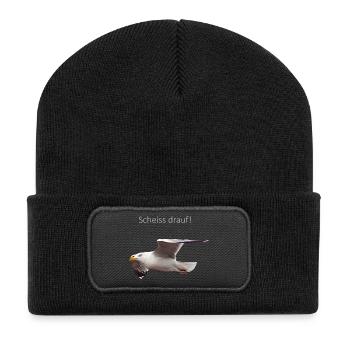 Möwe im Flug Spruch - Recycelte Patch Beanie - Schwarz - Vorne
