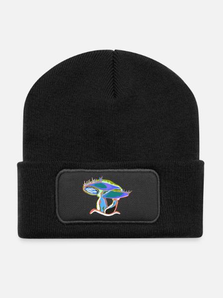 Bunter Pilztraum - Recycelte Patch Beanie - Schwarz