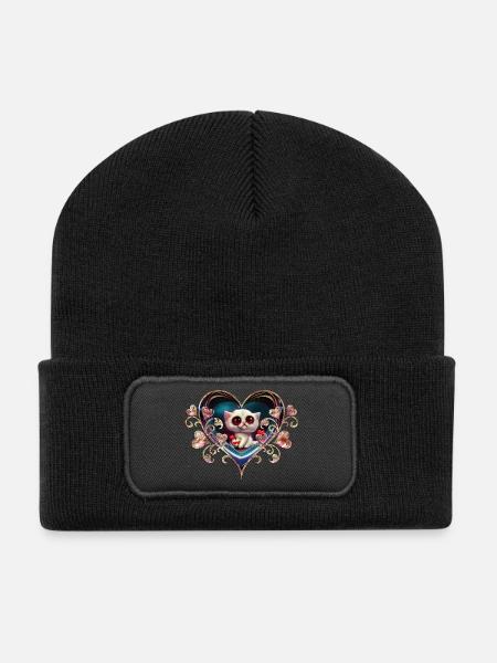 Valentinstag-Kätzchen - Recycelte Patch Beanie - Schwarz