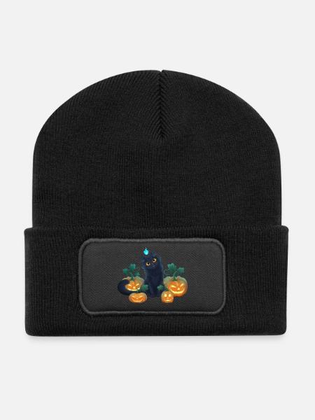 Süßes schwarzes Kätzchen und Halloween Kürbisse - Recycelte Patch Beanie - Schwarz