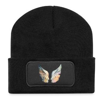 Kunstvolle pastellfarbene Engelsflügel - Recycelte Patch Beanie - Schwarz - Vorne