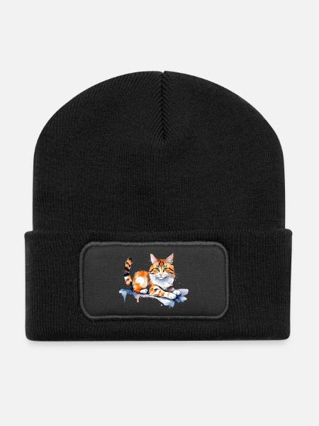 Katze im Schnee - Recycelte Patch Beanie - Schwarz