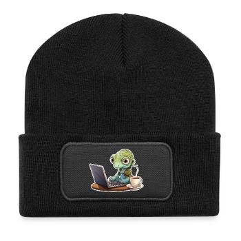Gecko Home Office Kaffee Laptop Lustig Shirt - Recycelte Patch Beanie - Schwarz - Vorne