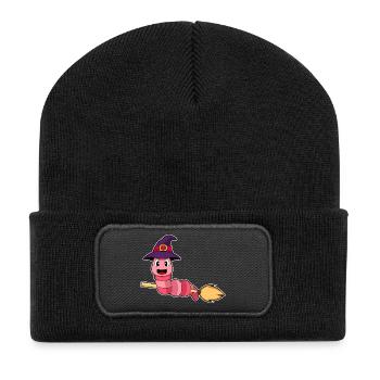 Wurm Hexe Besen - Recycelte Patch Beanie - Schwarz - Vorne