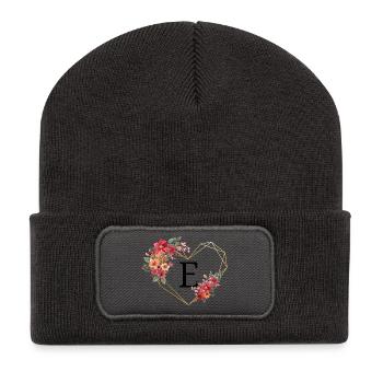 Buchstabe e florales goldenes Herz - Recycelte Patch Beanie - Dunkelgrau - Vorne