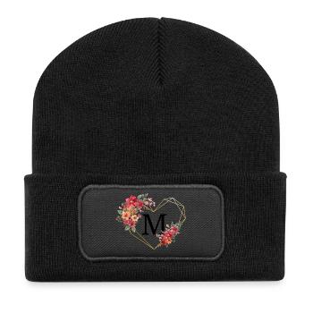 Buchstabe m florales goldenes Herz - Recycelte Patch Beanie - Schwarz - Vorne