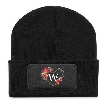 Floral Gold Herz Buchstabe w - Recycelte Patch Beanie - Schwarz - Vorne