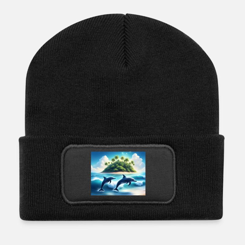 Tanz der Delfine – Tropische Inselträume - Recycelte Patch Beanie - Schwarz
