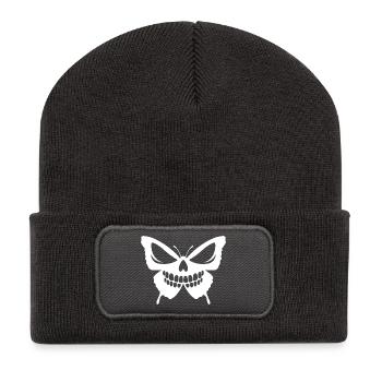 Kompliziertes Schmetterlingsschädel-Design - Recycelte Patch Beanie - Dunkelgrau - Vorne