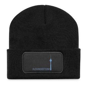 Minimalistisch Silhouette des Berliner Fernsehturm - Recycelte Patch Beanie - Schwarz - Vorne