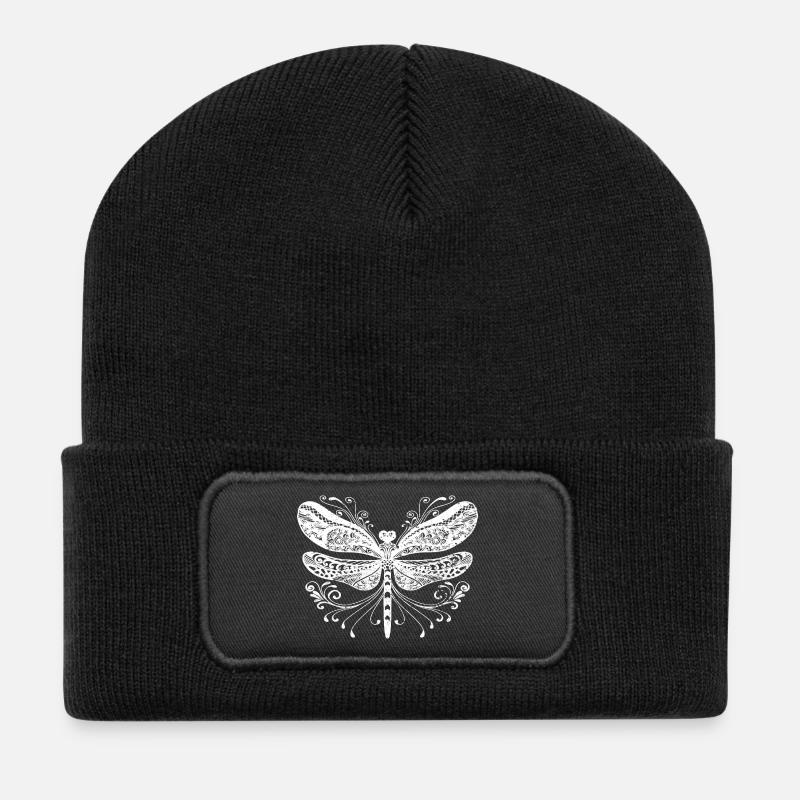 Niedliche Boho-Libelle mit Verzierungen - Recycelte Patch Beanie - Schwarz