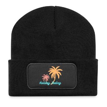 Palmenurlaub – Holiday Feeling - Recycelte Patch Beanie - Schwarz - Vorne