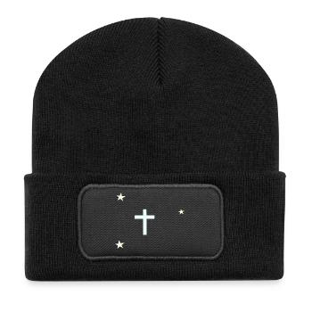 Himmlisches Kreuz mit Sternen - Recycelte Patch Beanie - Schwarz - Vorne