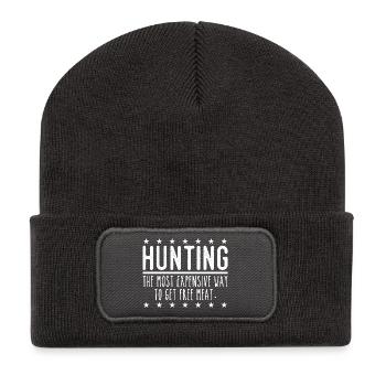 Jäger Lustiger Spruch – Gratis Fleisch Design - Recycelte Patch Beanie - Dunkelgrau - Vorne