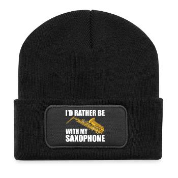 I'd rather be with my Saxophon Saxophonspieler - Recycelte Patch Beanie - Schwarz - Vorne