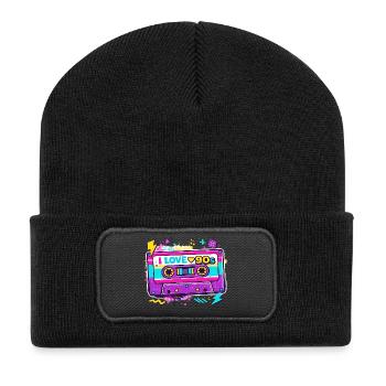 I Love 90s Kassette Grafik - Recycelte Patch Beanie - Schwarz - Vorne