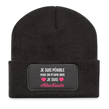Je suis pénible mais on m'aime bien - Beanie recyclé à patch - charbon - Devant