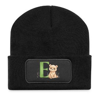 E mit Teddy: Verspielter Buchstabe E - Recycelte Patch Beanie - Schwarz - Vorne