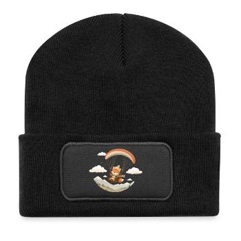 Cute fox with paraglider over mountains - Recycled Patch Beanie - black - Front
