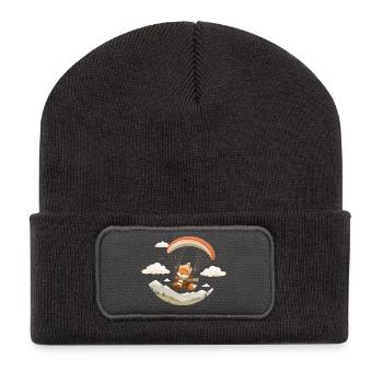 Süßer Fuchs mit Gleitschirm über Bergen - Recycelte Patch Beanie - Dunkelgrau - Vorne