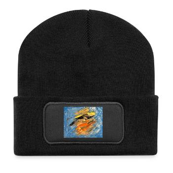 Blauer Farbwirbel im Orange - Recycelte Patch Beanie - Schwarz - Vorne