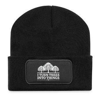Ich mache aus Bäumen Dinge Zimmermann Humor Tischler - Recycelte Patch Beanie - Schwarz - Vorne