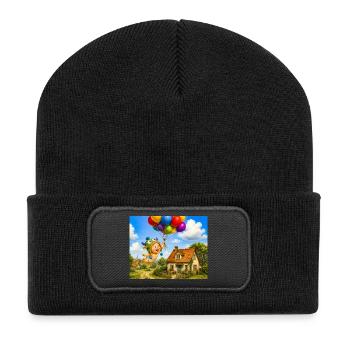 Bébé ballon au-dessus de la maison douillette - Beanie recyclé à patch - noir - Devant