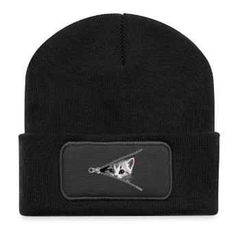 Katze Reißverschluss Katzenmama Cat Süßes Katzen - Recycelte Patch Beanie - Schwarz - Vorne