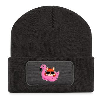 Fuchs im Flamingo - Design - Recycelte Patch Beanie - Dunkelgrau - Vorne