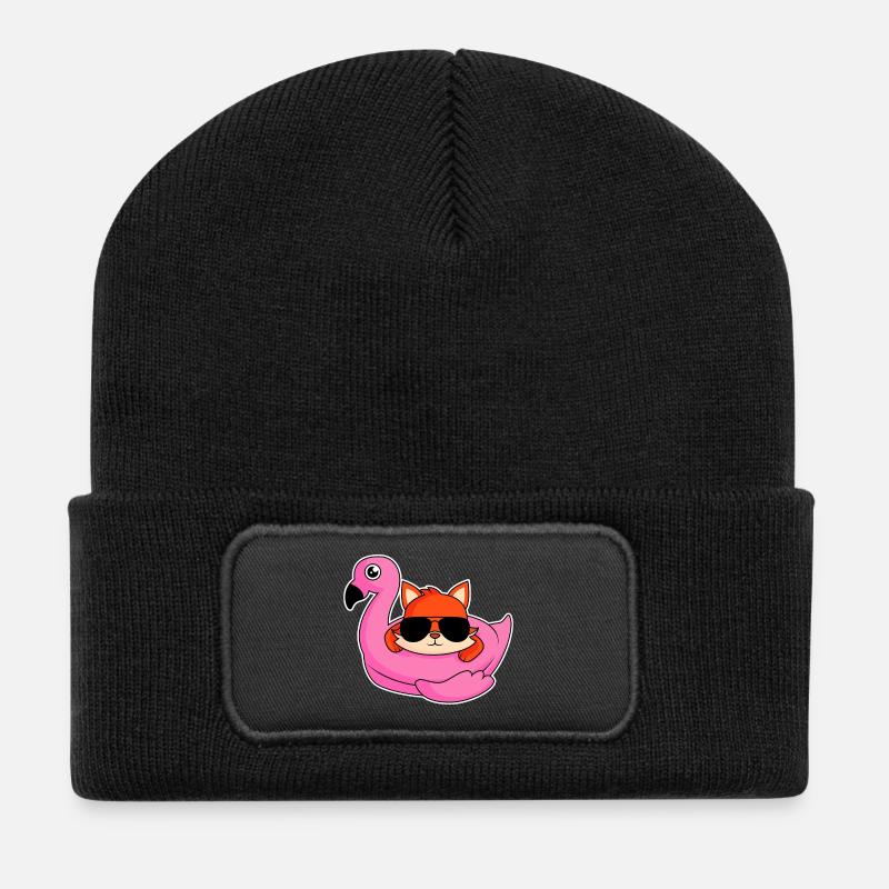 Fuchs im Flamingo - Design - Recycelte Patch Beanie - Schwarz