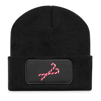 zwei leuchtend Rot & Weiß gestreifte Zuckerstangen - Recycelte Patch Beanie - Schwarz - Vorne