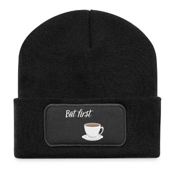First Coffee - Kaffee-Design - Recycelte Patch Beanie - Schwarz - Vorne