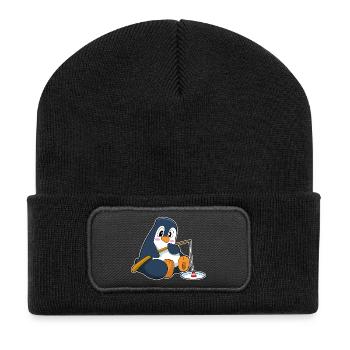 Pinguin Angler Angelrute Angeln - Recycelte Patch Beanie - Schwarz - Vorne