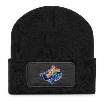 Wal Illustration mit Korallen | Schütze das Meer - Recycelte Patch Beanie - Schwarz - Vorne