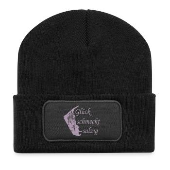 Glück schmeckt salzig – Amrum Nordsee Insel Design - Recycelte Patch Beanie - Schwarz - Vorne