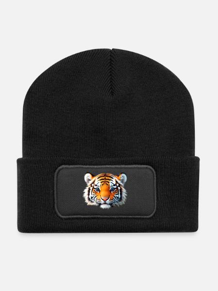 Tiger Baby Kopf - Recycelte Patch Beanie - Schwarz