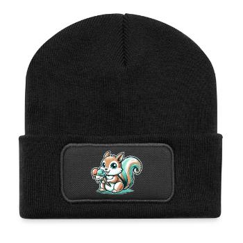 Niedliches Cartoon-Eichhörnchen mit Eiscreme - Recycelte Patch Beanie - Schwarz - Vorne