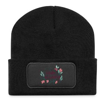 Hallo Frühling Blütenkranz mit Biene - Recycelte Patch Beanie - Schwarz - Vorne