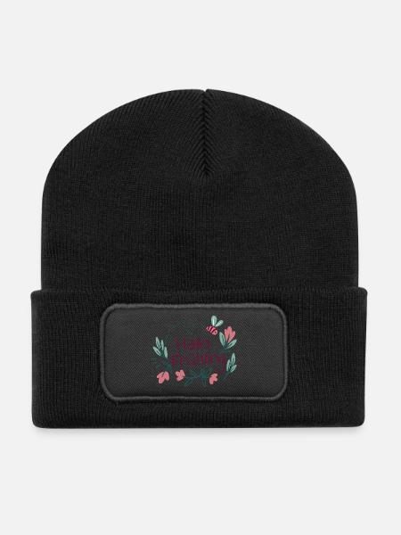 Hallo Frühling Blütenkranz mit Biene - Recycelte Patch Beanie - Schwarz