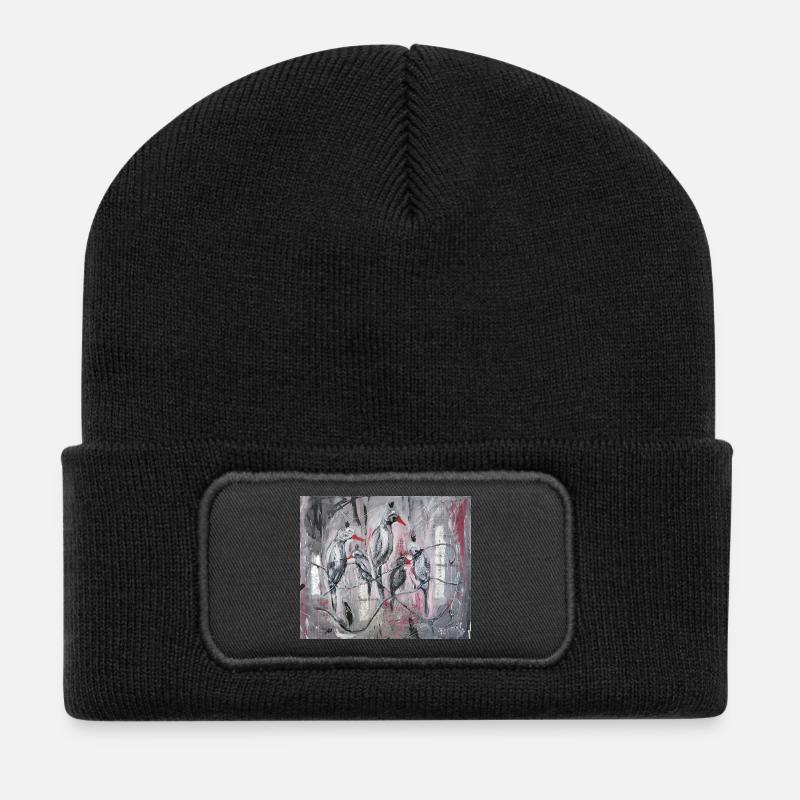 Abstrakte Stare Vogelgruppe Kunstdruck - Recycelte Patch Beanie - Schwarz