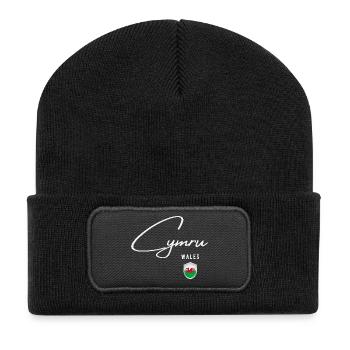 Wales, minimalistisches, elegantes Design - Recycelte Patch Beanie - Schwarz - Vorne
