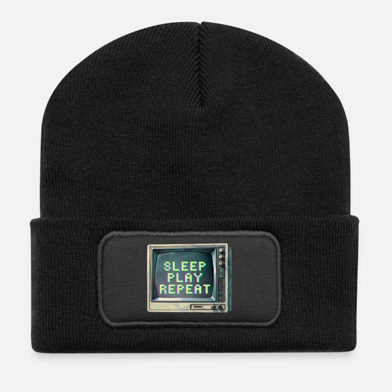 Retro-Gaming-inspiriertes TV-Design - Recycelte Patch Beanie - Schwarz