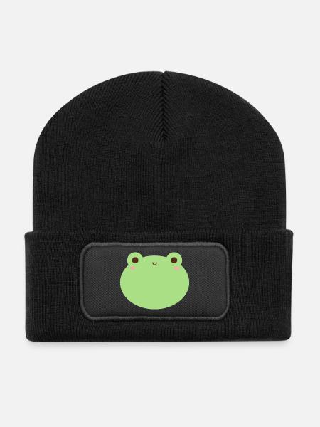 Entzückendes Kawaii Frosch Charakterdesign - Recycelte Patch Beanie - Schwarz